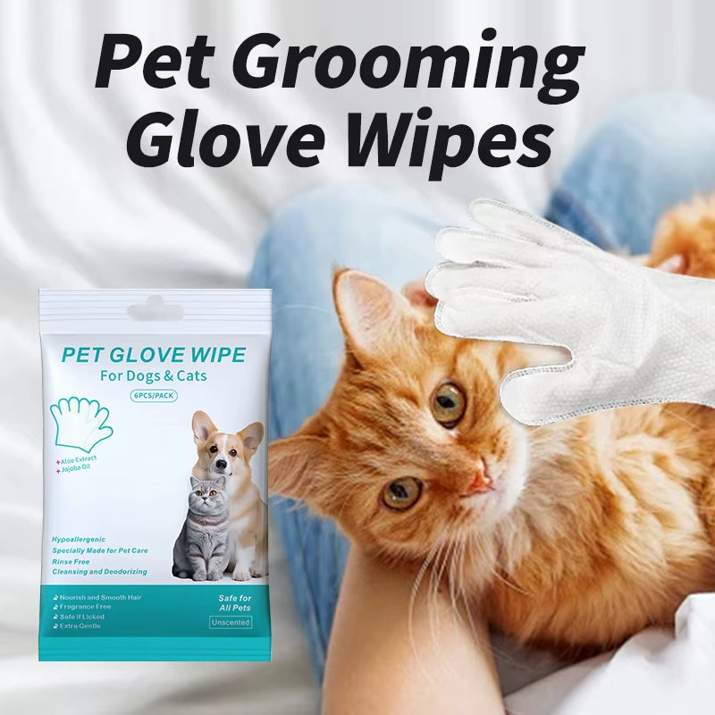 6PCS Pet Wash-Free Cleaning Gloves - Gentle Deodorant Wipes for Cats and Dogs, Convenient Disposable Bath Solution