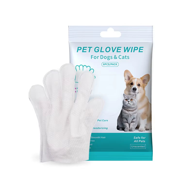 6PCS Pet Wash-Free Cleaning Gloves - Gentle Deodorant Wipes for Cats and Dogs, Convenient Disposable Bath Solution