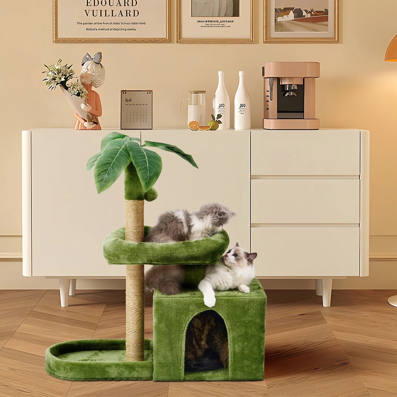Cozy 31.5" Cat Tree with Leaf Design - Plush Cat Condo, Scratching Posts & Hang Ball for Indoor Cats