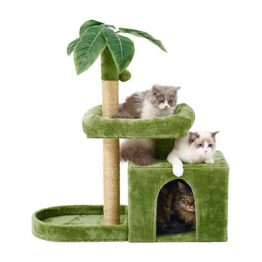 Cozy 31.5" Cat Tree with Leaf Design - Plush Cat Condo, Scratching Posts & Hang Ball for Indoor Cats