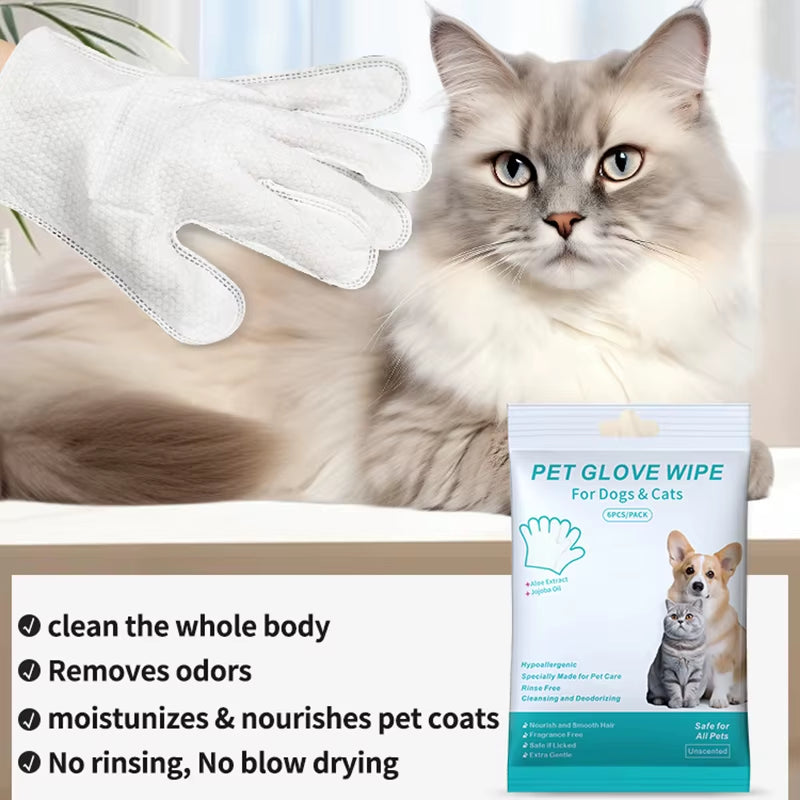 6PCS Pet Wash-Free Cleaning Gloves - Gentle Deodorant Wipes for Cats and Dogs, Convenient Disposable Bath Solution
