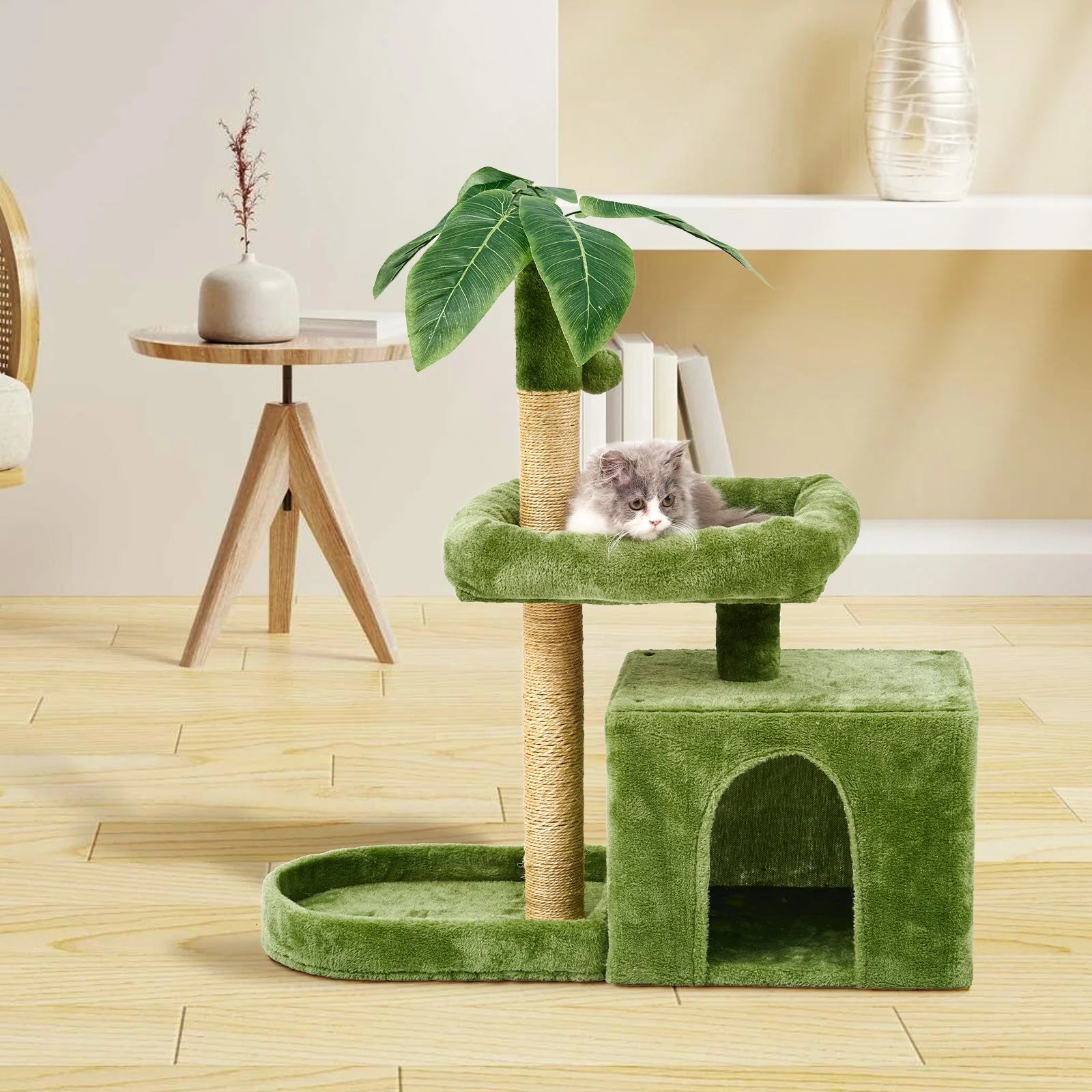 Cozy 31.5" Cat Tree with Leaf Design - Plush Cat Condo, Scratching Posts & Hang Ball for Indoor Cats